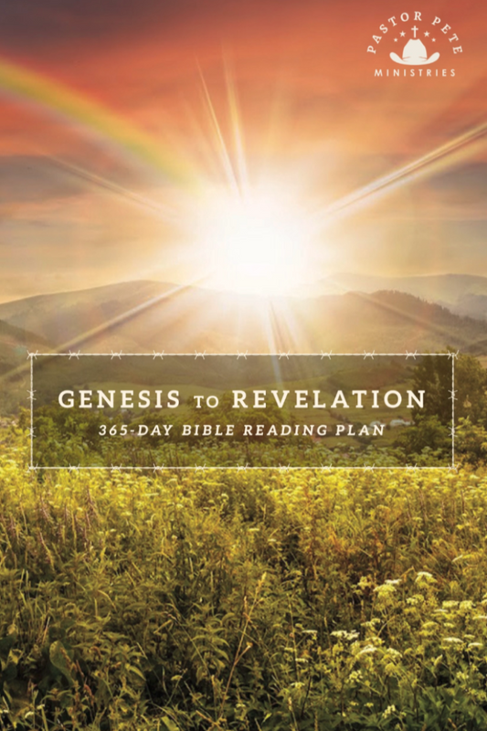Cover of 'Genesis to Revelation' Bible reading plan with a sunset over a field design.