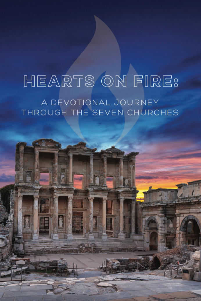 Ancient ruins with a sunset sky and 'Hearts on Fire' text overlay